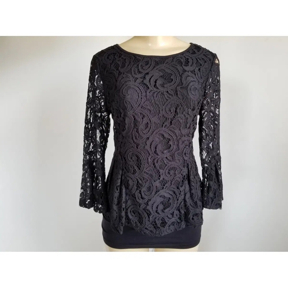 ADRIANNA PAPELL Black Lace Women’s Top with sheer lace sleeves ⭐️SALE 2/$40